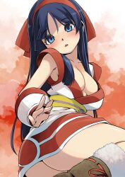 Rule 34 | 1girl, absurdres, ainu clothes, alternate breast size, arm support, ass, blue eyes, blue hair, blush, breasts, cleavage, fingerless gloves, gloves, hair ribbon, highres, huge ass, large breasts, legs, looking at viewer, muramasa mikado, nakoruru, no bra, no panties, parted lips, ribbon, samurai spirits, sitting, snk, solo, the king of fighters, thick thighs, thighs