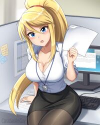 Rule 34 | 1girl, blonde hair, blue eyes, breasts, canadiananiguy, cleavage, high ponytail, highres, holding, holding paper, large breasts, long hair, looking at viewer, metroid, nintendo, office lady, open mouth, pantyhose, paper, pencil skirt, ponytail, samus aran, shirt, skirt, solo, thighs, very long hair, white shirt