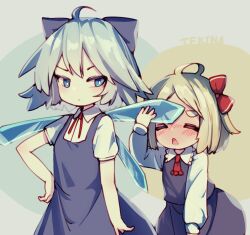 Rule 34 | 2girls, ahoge, artist name, ascot, black skirt, black vest, blonde hair, blue bow, blue dress, blue eyes, blue hair, blush, bow, cirno, closed mouth, collared shirt, commentary, dress, english commentary, fairy, hair bow, hair ribbon, highres, ice, ice wings, long sleeves, multiple girls, open mouth, pinafore dress, red ascot, red ribbon, ribbon, rumia, shirt, short hair, short sleeves, skirt, sleeveless, sleeveless dress, tekina (chmr), touhou, vest, white shirt, wings