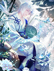 Rule 34 | 1boy, bamboo, blue eyes, chain paradox, colored eyelashes, copyright name, crystallization, feet out of frame, fish, flower knot, glint, goldfish, hair between eyes, hand fan, hand up, highres, holding, holding fan, horns, ice, ice flower, ice horns, japanese clothes, kimono, kino setsuna, koro marui, long hair, long sleeves, looking at viewer, low ponytail, male focus, material growth, paper fan, parted lips, plant, purple eyes, rock, sash, single horn, sitting, soaking feet, solo, sparkle, uchiwa, water, water drop, water lily flower, waterfall, white hair, white kimono, wide sleeves