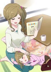 Rule 34 | 2girls, barefoot, blush, book, breasts, brown hair, cardigan, casual, coffee, coffee mug, collared shirt, commentary request, computer, cup, closed eyes, fang, feet, hand in own hair, happy, highres, indoors, inuyama akari, inuyama aoi, lap pillow, laptop, large breasts, long sleeves, lying, mug, multiple girls, nekota susumu, on lap, open mouth, pants, pantyhose, pantyhose under shorts, reading, seiza, shirt, shorts, siblings, side ponytail, sisters, sitting, skin fang, sleeping, smile, thick eyebrows, tonkatsu, twintails, yurucamp
