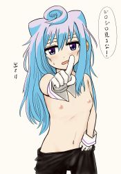 Rule 34 | 1boy, blue hair, blush, gloves, hacka doll, hacka doll 3, highres, long hair, male focus, moribato (woodpigeon mor), nipples, pointing, pointing at viewer, purple eyes, shorts, solo, sweatdrop, translated, trap, white background