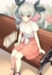 Rule 34 | 10s, 1girl, anchovy (girls und panzer), ankle strap, bag, bench, blush, brown eyes, collarbone, drill hair, flower, girls und panzer, green hair, hair between eyes, hair ribbon, handbag, high heels, highres, icomochi, long hair, looking at viewer, park bench, pink skirt, ribbon, shirt, shoes, short sleeves, sitting, skirt, smile, solo, strappy heels, twin drills, white shirt
