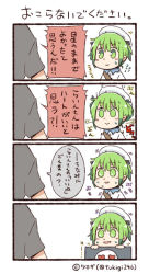 Rule 34 | 1boy, 1girl, 4koma, bad id, bad twitter id, comic, commentary request, flying sweatdrops, green eyes, green hair, hat, heart, line (naver), personification, sailor hat, shaking head, short twintails, sweat, text focus, translation request, trembling, tsukigi, twintails, twitter username