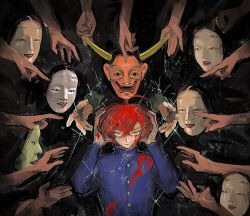 Rule 34 | 1boy, ahoge, arms up, blood, blood on clothes, blood on face, blood on hands, bungou to alchemist, buttons, dazai osamu (bungou to alchemist), gakuran, hair between eyes, hannya, highres, horns, long sleeves, looking at viewer, mask, noh mask, red hair, school uniform, shino bunnys, solo, upper body, yellow eyes