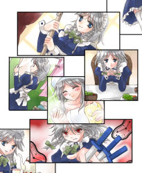 Rule 34 | 1girl, ^ ^, apron, bathing, between fingers, blush, braid, closed eyes, closed mouth, coco (artist), collarbone, comic, dagger, female focus, frills, holding, izayoi sakuya, knife, looking at viewer, maid, maid apron, maid headdress, serious, smile, steam, throwing knife, touhou, towel, twin braids, upper body, weapon