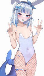 Rule 34 | 1girl, :d, absurdres, animal ears, bare shoulders, blue eyes, blue hair, blue nails, blush, breasts, cherry, covered navel, double w, fins, fish tail, fishnet pantyhose, fishnets, food, fruit, gawr gura, hair ornament, highres, hololive, hololive english, kkato, leotard, medium hair, multicolored hair, open mouth, pantyhose, playboy bunny, rabbit ears, shark tail, simple background, small breasts, smile, solo, tail, thigh strap, tongue, tongue out, two-tone hair, virtual youtuber, w, white background