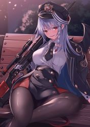 Rule 34 | 1girl, black pantyhose, blue archive, braid, breasts, demon wings, gun, haruna (blue archive), hat, hetaren (ramark), highres, large breasts, long hair, looking at viewer, military, military hat, military uniform, necktie, pantyhose, red eyes, rifle, side braid, silver hair, sitting, sniper rifle, solo, tail, uniform, weapon, wings