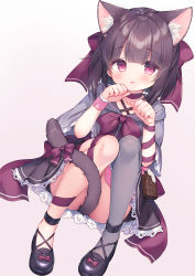 Rule 34 | 1girl, animal ear fluff, animal ears, black footwear, black hair, black skirt, blush, bow, brown background, capelet, cat ears, cat girl, cat tail, choker, commentary request, commission, dutch angle, fallenshadow, frilled capelet, frills, gradient background, grey capelet, grey thighhighs, hair bow, hands up, highres, hood, hood down, hooded capelet, indie virtual youtuber, knees up, looking at viewer, parted lips, paw pose, pixiv commission, pleated skirt, purple bow, purple choker, purple eyes, shoes, single thighhigh, single wrist cuff, sitting, skirt, solo, tail, tail bow, tail censor, tail ornament, thighhighs, usashiro mani, virtual youtuber, white background, wrist cuffs