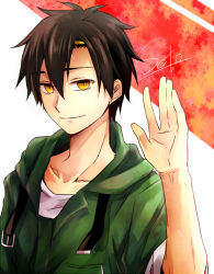 Rule 34 | 1boy, black hair, breast pocket, bright pupils, buckle, character name, closed mouth, collarbone, commentary request, double-parted bangs, green jumpsuit, hair between eyes, hair ornament, hairclip, hand up, hood, hood down, jumpsuit, kagerou project, long bangs, looking at viewer, male focus, mekakucity actors, multicolored background, partial commentary, pocket, red background, seto kousuke, shirt, sleeves rolled up, solo, t-shirt, upper body, usm (kk316), white background, white shirt, yellow eyes