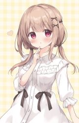 Rule 34 | 1girl, :o, black bow, blush, bow, breasts, brown hair, commentary request, dress, finger to mouth, frilled dress, frills, hair bow, hair over shoulder, hand up, heart, highres, long hair, long sleeves, looking at viewer, low twintails, miyasaka naco, original, parted lips, plaid, plaid background, puffy long sleeves, puffy sleeves, red eyes, small breasts, solo, twintails, white dress