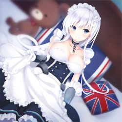 Rule 34 | 1girl, apron, azur lane, belfast (azur lane), blue eyes, blush, braid, breasts, closed mouth, frilled apron, frills, gloves, kanora, large breasts, long hair, looking at viewer, lying, on back, on bed, smile, solo, union jack, waist apron, white gloves, white hair