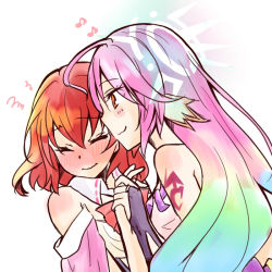 Rule 34 | 2girls, artist request, bare shoulders, blush, bow, bowtie, breasts, bridal gauntlets, closed eyes, closed mouth, detached collar, dress, gloves, gradient hair, halo, holding hands, jibril (no game no life), large breasts, long hair, magic circle, multicolored hair, multiple girls, no game no life, orange eyes, out of character, pink hair, red hair, short hair, smile, source request, spiked halo, stephanie dora, tattoo, very long hair, wavy mouth, wing ears, yuri