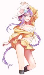 Rule 34 | 1girl, asymmetrical hair, bandeau, bare shoulders, baseball cap, bb (fate), bb (fate) (all), bb (swimsuit mooncancer) (fate), blush, braid, breasts, cleavage, cropped jacket, fate/grand order, fate (series), hat, hat ornament, highres, jacket, large breasts, long hair, long sleeves, looking at viewer, midriff, miniskirt, nprmtp, one eye closed, open mouth, purple eyes, purple hair, single braid, skirt, smile, star (symbol), star hat ornament, thighs, v, very long hair, white headwear, yellow jacket, yellow skirt