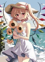 1girl absurdres alternate_costume bare_shoulders blonde_hair blue_sky breasts brown_hat cloud collarbone commentary cowboy_shot day dress english_commentary flandre_scarlet flower grin hat hat_ribbon highres holding holding_flower long_hair medium_breasts ocean ougiikun outdoors pointy_ears red_eyes red_ribbon ribbon sideboob sky sleeveless sleeveless_dress smile solo spaghetti_strap sundress sunflower touhou water white_dress wings