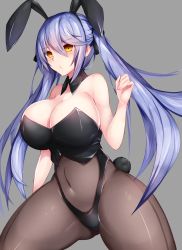 Rule 34 | 1girl, :t, alternate costume, animal ears, azur lane, bad id, bad twitter id, bare shoulders, black ribbon, blue hair, blush, bodystocking, braid, breasts, cleavage, collar, commentary, covered navel, essex (azur lane), fake animal ears, fake tail, floating hair, french braid, gluteal fold, hair ribbon, hand up, highres, large breasts, leotard, long hair, looking at viewer, monotosu, pantyhose, playboy bunny, pout, rabbit ears, rabbit tail, ribbon, simple background, solo, tail, thighs, twintails, upper body, yellow eyes