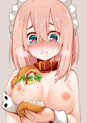 Rule 34 | 1girl, bare shoulders, blue eyes, blush, bobomaster, borrowed character, breasts, burger, collar, female focus, food, heart, heart-shaped pupils, light purple hair, long hair, looking at viewer, maid headdress, nipples, original, parted lips, pink hair, saliva, solo, sweat, symbol-shaped pupils, takagi (tansuke), tears, topless frame, upper body, wrist cuffs