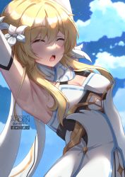 Rule 34 | 1girl, ardenlolo, armpits, arms up, bare shoulders, blonde hair, breasts, cleavage, closed eyes, cloud, day, detached sleeves, dress, flower, genshin impact, hair flower, hair ornament, halter dress, halterneck, lumine (genshin impact), open mouth, outdoors, paid reward available, short hair with long locks, sky, small breasts, solo, sunlight, sweat, twitter logo, upper body, white dress