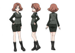 Rule 34 | 1girl, azumi (girls und panzer), black footwear, blue eyes, brown hair, closed mouth, concept art, from behind, from side, girls und panzer, kneepits, long sleeves, multiple views, official art, parted bangs, pencil skirt, selection university military uniform, short hair, simple background, skirt, white background