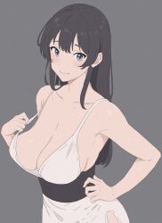 Rule 34 | 1girl, absurdres, bare arms, bare shoulders, black hair, blue eyes, blush, breasts, cleavage, closed mouth, collarbone, commentary request, dress, grey background, hand on own hip, highres, large breasts, long hair, looking at viewer, original, pulled by self, scalari126, shiny skin, simple background, smile, upper body