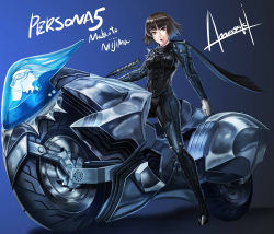 Rule 34 | 10s, 1girl, amasaki yusuke, armor, artist name, atlus, biker clothes, bikesuit, bodysuit, braid, brown hair, character name, copyright name, crown braid, full body, gloves, joanna (persona 5), lips, lipstick, looking at viewer, makeup, motor vehicle, motorcycle, niijima makoto, no mask, parted lips, persona, persona 5, red eyes, scarf, sega, short hair, signature, solo, spikes, standing, vehicle