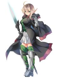 Rule 34 | 1girl, black coat, boots, breasts, cape, coat, dairoku ryouhei, elf, evelyn lambert, gauntlets, green eyes, green thighhighs, holding, holding weapon, hood, hood down, large breasts, long hair, maki (seventh heaven maxion), pointy ears, skirt, smile, standing, thighhighs, transparent background, weapon, white skirt