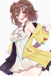 Rule 34 | 1girl, absurdres, animal ears, bare shoulders, blush, bone hair ornament, braid, breasts, brown eyes, brown hair, collar, dog ears, dog girl, dog tail, dress, fangs, hair between eyes, hair ornament, highres, hololive, inugami korone, inugami korone (1st costume), jacket, looking at viewer, low twin braids, medium breasts, medium hair, nemun (tamizzz), off shoulder, open mouth, red collar, sleeveless, sleeveless dress, smile, solo, tail, teeth, thighs, twin braids, upper teeth only, virtual youtuber, white background, wristband, yellow dress, yellow jacket