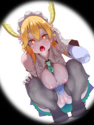 Rule 34 | 1girl, adjusting hair, anus, aqua necktie, black footwear, blonde hair, breasts, breasts out, breasts squeezed together, dragon horns, dutch angle, gloves, grey thighhighs, hair between eyes, hand on own knee, highres, horns, kobayashi-san chi no maidragon, looking at viewer, maid headdress, mak neutral, mary janes, medium breasts, multicolored eyes, necktie, neckwear between breasts, nipples, no panties, open mouth, pussy, saliva, shoes, solo, squatting, thighhighs, tohru (maidragon), tongue, tongue out, white gloves, yellow horns