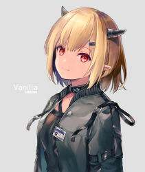 Rule 34 | 1girl, arknights, blonde hair, character name, commentary request, copyright name, grey background, hair ornament, hairclip, highres, horns, id card, jacket, konayama kata, light smile, pointy ears, red eyes, short hair, simple background, solo, upper body, vanilla (arknights)