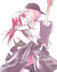 Rule 34 | 2girls, arm belt, backwards hat, bang dream!, baseball cap, black bra, black hat, bra, carrying, cloak, crop top, earrings, face-to-face, group name, guitar, hat, hug, instrument, instrument on back, jewelry, long hair, low twintails, multiple girls, open mouth, pink hair, re ghotion, red hair, see-through, short sleeves, smile, twintails, udagawa tomoe, uehara himari, underwear, v-shaped eyebrows, yuri