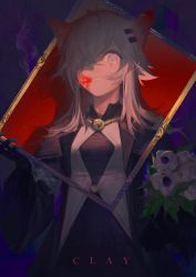 Rule 34 | 1girl, :d, animal ears, arknights, artist name, black coat, blood, blood on face, bouquet, clay (clayjun), coat, flower, grey eyes, grey hair, grin, hair over one eye, highres, holding, holding bouquet, lappland (arknights), lappland (refined horrormare) (arknights), long hair, long sleeves, looking at viewer, open mouth, rose, scar, scar across eye, smile, solo, teeth, upper body, white flower, white rose, wolf ears, wolf girl