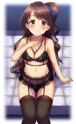 Rule 34 | 1girl, bare shoulders, black thighhighs, blush, breasts, brown eyes, brown hair, cleavage, collarbone, commentary request, couch, garter belt, garter straps, idolmaster, idolmaster cinderella girls, long hair, looking at viewer, navel, on couch, one side up, shimamura uzuki, sitting, smile, solo, thighhighs, underwear, underwear only, z.nov