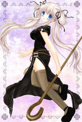 Rule 34 | 1girl, 2000s (style), :d, archived source, black dress, black footwear, black ribbon, blue eyes, breasts, china dress, chinese clothes, dress, floating hair, floral print, grey hair, grey thighhighs, hair between eyes, hair ribbon, holding, holding staff, long hair, mabinogi, medium breasts, nao (mabinogi), open mouth, outline, print dress, ribbon, shararan, shepherd&#039;s crook, shoes, sidelocks, smile, solo, staff, thighhighs, twintails, very long hair, white outline, zettai ryouiki