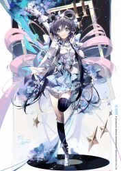 Rule 34 | absurdres, birthday, black hair, bouquet, chinese hairpin, flower, gloves, green eyes, highres, jewelry, looking at viewer, low twintails, luo tianyi, microphone, picture frame, ribbon, rose, skirt, smile, standing, standing on one leg, taiz22, thighhighs, twintails, vocaloid