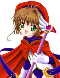 Rule 34 | 1990s (style), 1girl, :d, brown hair, cardcaptor sakura, child, flipper, fuuin no tsue, gloves, green eyes, hat, kinomoto sakura, looking at viewer, magical girl, open mouth, red hat, retro artstyle, short hair, simple background, smile, solo, white background, white gloves