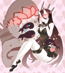 Rule 34 | 10s, 1girl, :o, abyssal ship, bare shoulders, battleship princess, black dress, black footwear, black hair, blush, breasts, chocolate, cleavage, colored skin, dress, full-face blush, gift, hands on own face, heart, heart background, horns, i-class destroyer, kantai collection, kuchiku i-kyuu, large breasts, long hair, machinery, pale skin, red eyes, shoes, short dress, valentine, very long hair, white skin, yuzuki yuno