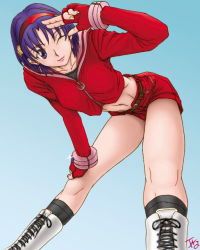 Rule 34 | 1girl, alternate costume, alternate hairstyle, asamiya athena, boots, earrings, fingerless gloves, gloves, hairband, jewelry, kneehighs, lips, midriff, one eye closed, purple eyes, purple hair, red hairband, salute, short hair, shorts, simple background, snk, socks, solo, the king of fighters, wink