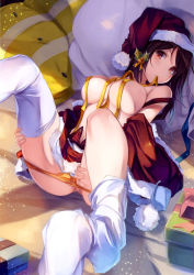 Rule 34 | 1girl, absurdres, bare shoulders, black hair, breasts, brown eyes, christmas, dengeki moeou, fal maro, female focus, hair ornament, hat, highres, indoors, large breasts, long hair, loose thighhigh, lying, mouth hold, no bra, off shoulder, on back, panties, panty pull, ribbon, ribbon in mouth, santa hat, scan, solo, thighhighs, underwear, white thighhighs, yellow panties