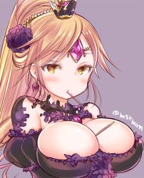 Rule 34 | 1girl, bad id, bad pixiv id, between breasts, blonde hair, breasts, cleavage, covered erect nipples, crown, dress, earrings, female focus, flower, food, hair flower, hair ornament, halloween, jewelry, kali (p&amp;d), large breasts, long hair, looking at viewer, mashiro miru, mole, mouth hold, pocky, pocky day, ponytail, purple background, puzzle &amp; dragons, simple background, solo, twitter username, yellow eyes