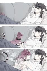 Rule 34 | 2girls, animal ears, animalization, black hair, cat ears, cat girl, cat tail, closed eyes, collar, collared shirt, commentary request, couch, gradient hair, grey skirt, highres, illusion moon, kemonomimi mode, korean commentary, korean text, long hair, long sleeves, looking at another, lying on person, multicolored hair, multiple girls, nude, on couch, parted lips, path to nowhere, purple cat, purple hair, rahu (path to nowhere), scar, scar across eye, scar on hand, shalom (path to nowhere), shirt, skirt, sleeping, smile, speech bubble, tail, transformation, translation request, white hair, white shirt, yuri