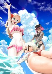 Rule 34 | 3girls, arm up, armpits, ass, bikini, black cap, blonde hair, blue eyes, bodysuit, breasts, chigarashi mahina, cloud, cloudy sky, cover, cover page, fishnet bodysuit, fishnets, flower, frilled bikini, frills, green eyes, hair between eyes, hair flower, hair ornament, hand up, hat, highres, kurohiji (scary campus college university), large breasts, long hair, looking at viewer, manga cover, multiple girls, nagashii kouhei, navel, official art, open mouth, pink eyes, pink hair, plaid, plaid bikini, scary campus college university, short hair, sky, suoh nene, surfboard, swimsuit, when you see it