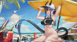 Rule 34 | 1girl, 1s44c, :o, absurdres, arknights, armpits, arms up, baseball cap, beach umbrella, bikini, bikini top only, bird, black bikini, blue hair, blush, bottle, bottomless, breasts, ch&#039;en (arknights), ch'en (arknights), clothes writing, cloud, cooler, day, dragon girl, dragon horns, dragon tail, female tourist c (arknights), hat, highres, horns, horns through headwear, huge filesize, long hair, looking at viewer, medium breasts, navel, ocean, official alternate costume, open mouth, outdoors, red eyes, short hair with long locks, sidelocks, sitting, sky, solo, stomach, swimsuit, tail, tenga, tree, umbrella, white hat