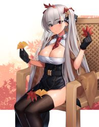 Rule 34 | 1girl, absurdres, autumn leaves, azur lane, belt, between breasts, blush, breasts, cleavage, cleavage cutout, clothing cutout, dress, formidable (azur lane), gloves, grey hair, highres, holding, holding leaf, large breasts, leaf, long hair, looking at viewer, lordol, necktie, necktie between breasts, red eyes, ribbon, side slit, sitting, solo, thighhighs, twintails, two-tone ribbon, very long hair