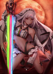 Rule 34 | 1girl, absurdres, altera (fate), arm warmers, blueriest, dark-skinned female, dark skin, expressionless, fate/grand order, fate (series), fingernails, full-body tattoo, full body, highres, kneeling, long hair, looking at viewer, moon, nail polish, photon ray (fate), pixiv fate/grand order contest 2, red eyes, red moon, solo, sword, tattoo, weapon, white hair