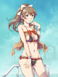 Rule 34 | 1girl, belt, bikini, blush, bow, breasts, brown bikini, brown hair, cleavage, collarbone, day, gluteal fold, green eyes, hair between eyes, hair bow, hand on leg, hand to own mouth, kantai collection, kumano (kancolle), long hair, looking at viewer, medium breasts, navel, outdoors, ponytail, railing, red bow, sameha ikuya, skindentation, sky, smile, solo, standing, swimsuit, upper body, wristband