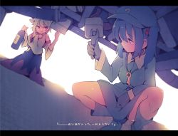 Rule 34 | 2girls, animal ears, backlighting, blue eyes, blue footwear, blue hair, blue shirt, blue skirt, boots, bottle, commentary request, detached sleeves, flat cap, fuukadia (narcolepsy), gloves, hair bobbles, hair ornament, hat, hip vent, inubashiri momiji, kawashiro nitori, key, letterboxed, miniskirt, multiple girls, red eyes, shirt, skirt, skirt set, squatting, thick eyebrows, touhou, translation request, two side up, white hair, wolf ears, wrench