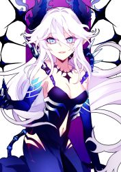 Rule 34 | 1girl, athria, black dress, black gloves, blue eyes, clothing cutout, diabla (elsword), dress, elbow gloves, elsword, gloves, highres, horns, jewelry, long hair, looking at viewer, luciela r. sourcream, navel cutout, necklace, smile, solo, spikes, white hair