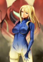 Rule 34 | 1girl, armor, blonde hair, bodysuit, breasts, covered erect nipples, covered navel, cowboy shot, green eyes, holster, impossible clothes, lips, long hair, medium breasts, metroid, miyo (13th floor), nintendo, ponytail, projected inset, samus aran, sidelocks, skin tight, smile, thigh holster, thigh strap, varia suit, zero suit