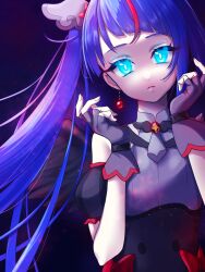Rule 34 | 1girl, ammy mito, black dress, blue eyes, blue hair, bow, brooch, closed mouth, commentary, crazy eyes, cure sky, dark cure sky, detached sleeves, dress, dress bow, earrings, fingerless gloves, gloves, glowing, glowing eyes, grey gloves, highres, hirogaru sky! precure, jewelry, long hair, looking at viewer, magical girl, multicolored hair, precure, puffy detached sleeves, puffy sleeves, red bow, red hair, sleeveless, sleeveless dress, solo, sora harewataru, streaked hair, twintails, very long hair, wing brooch, wing hair ornament