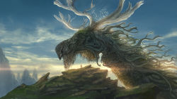 Rule 34 | 1boy, antlers, blue sky, cliff, cloud, cloudy sky, commentary request, day, fantasy, horns, monster, mountain, original, outdoors, scenery, sky, standing, you shimizu